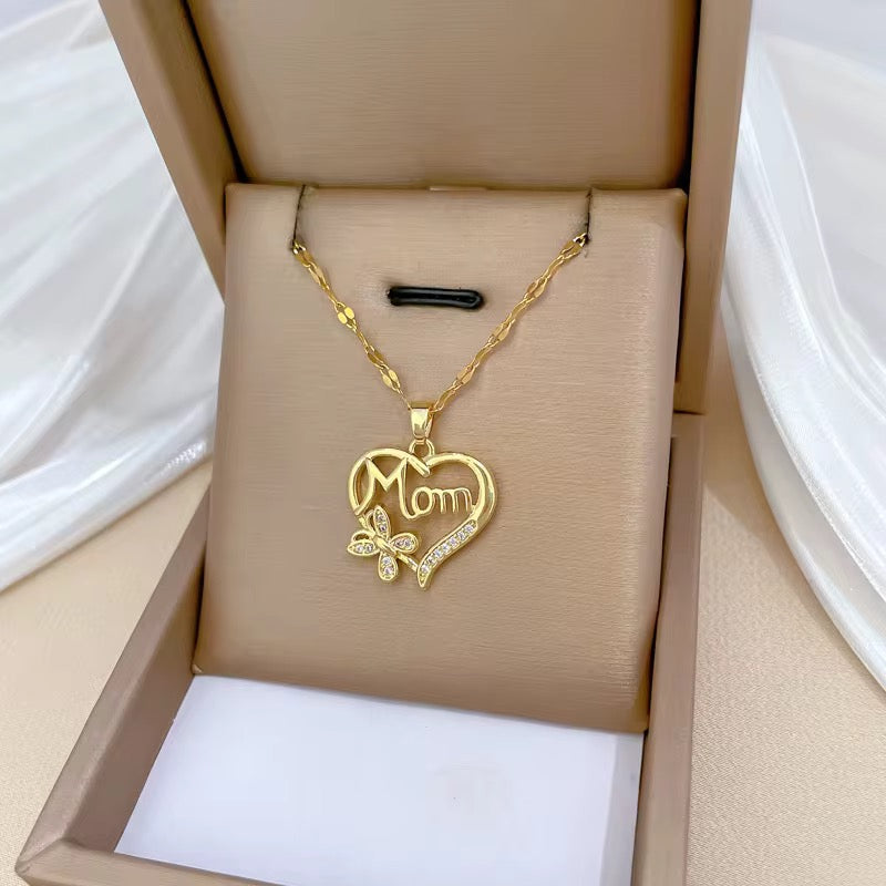 Mom Heart Pendant Necklace with Crystal Butterfly – Gold Stainless Steel