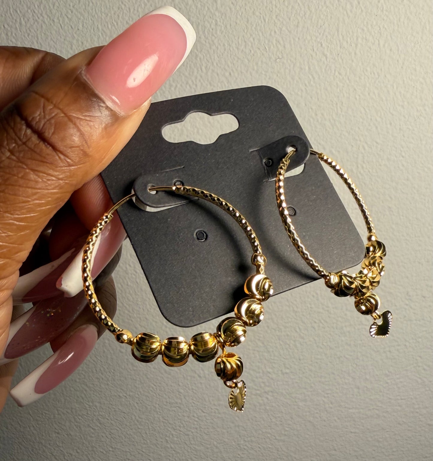 Golden Romance Beaded Heart Hoops