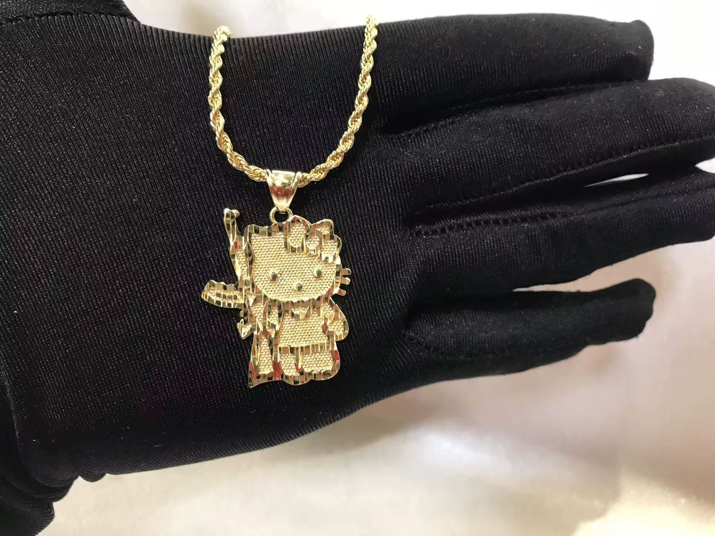 Gold Stainless Steel Kitty Pendant Rope Chain Necklace