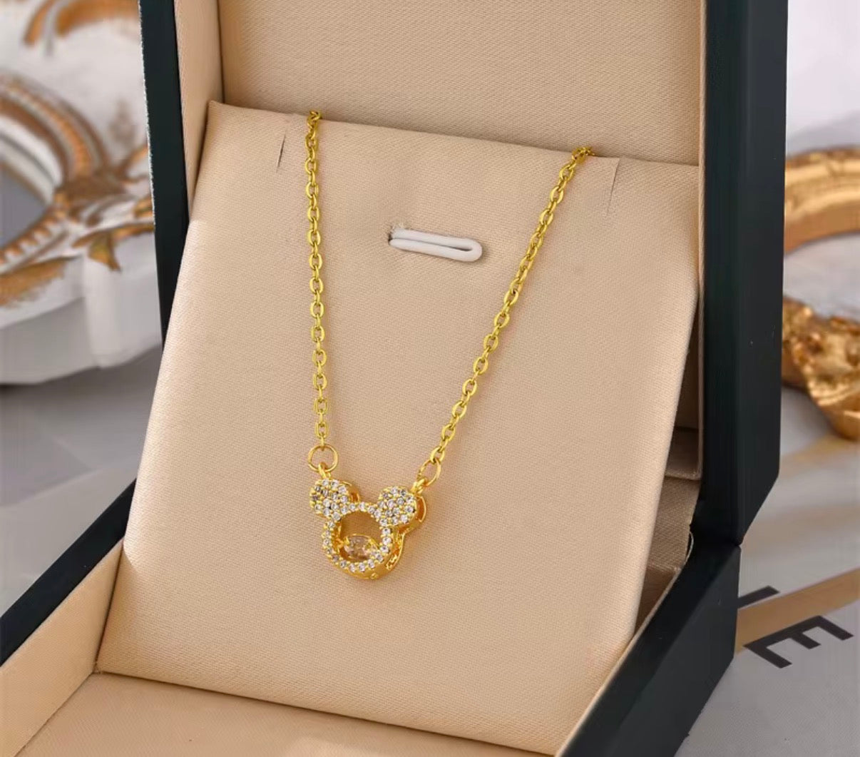 Gold Stainless Steel Crystal Mickey Mouse Head inspired Pendant Necklace