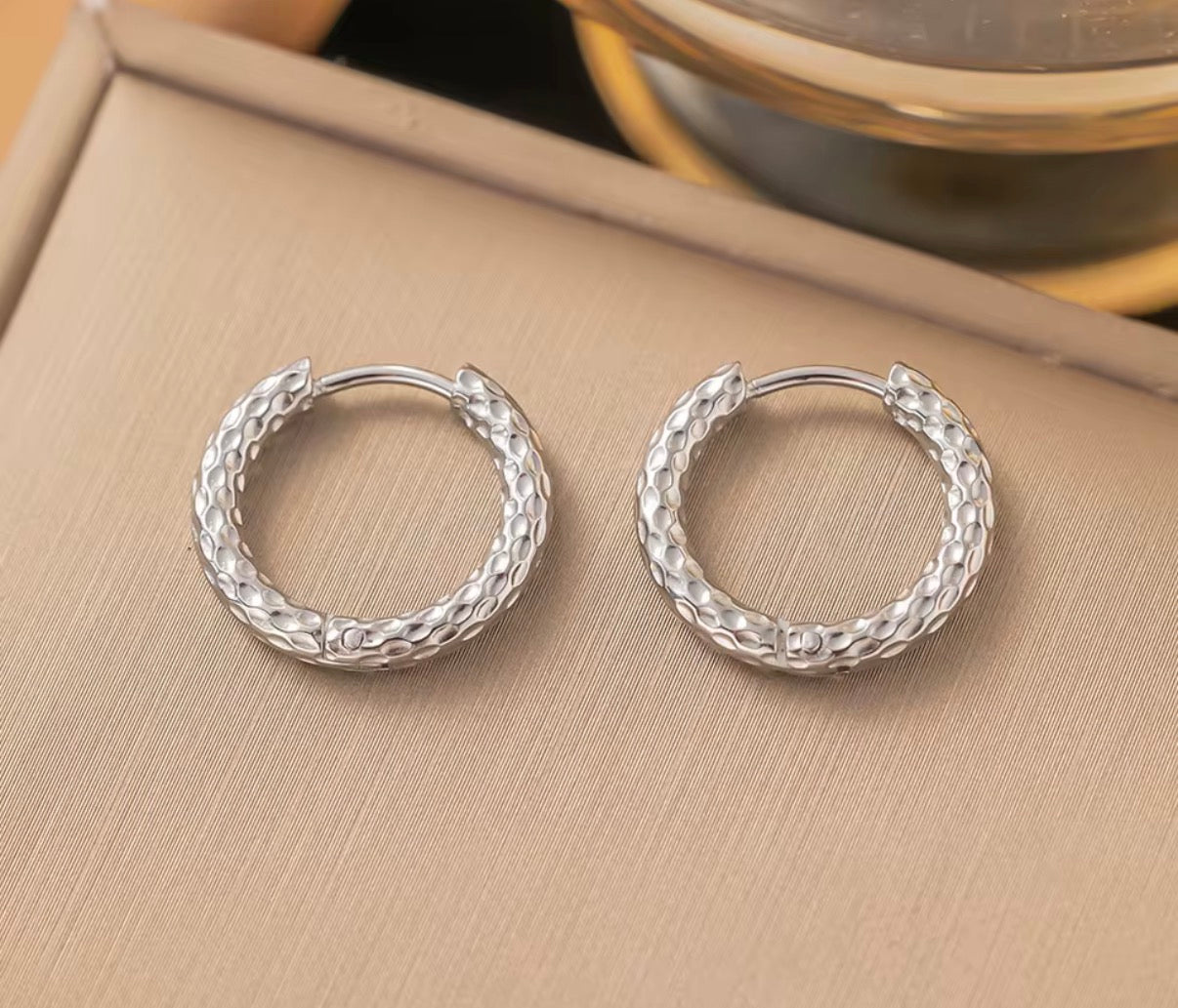 Silver Stainless Steel Textured Hoop Earrings