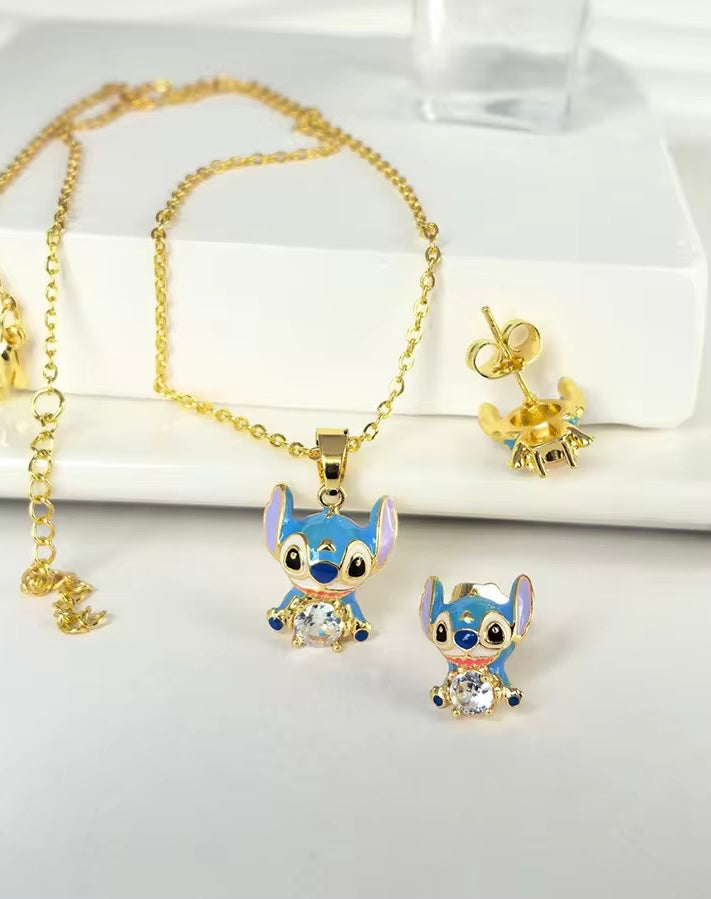 Anti-Fading Stitch Character Necklace & Stud Earring Set