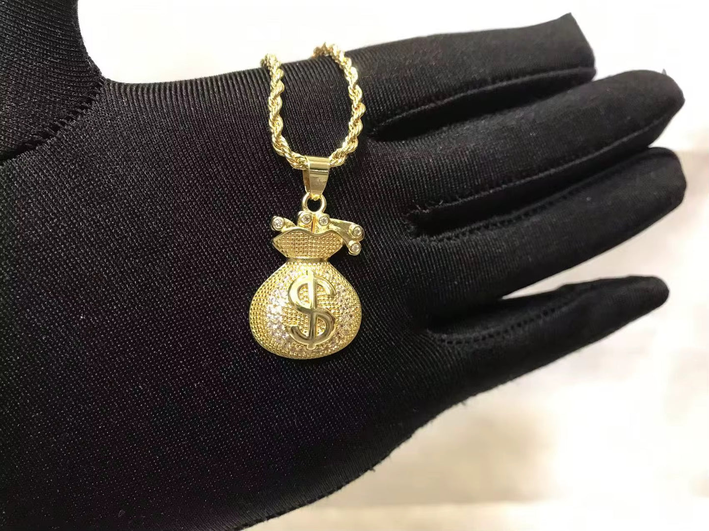 Iced Money Bag Pendant Necklace – Gold Tone Rope Chain