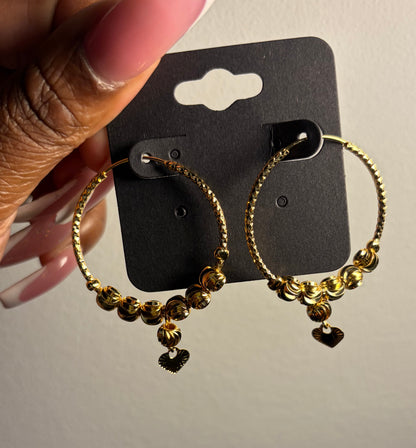 Golden Romance Beaded Heart Hoops
