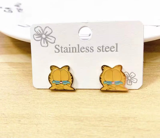 Sleepy Cartoon Cat Stainless Steel Stud Earrings