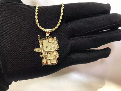 Gold Stainless Steel Kitty Pendant Rope Chain Necklace