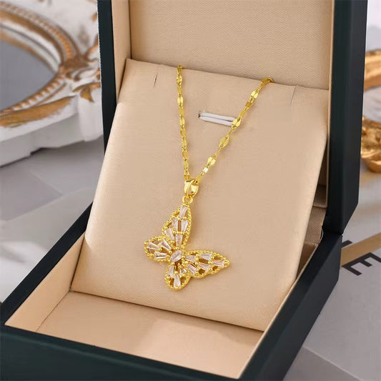 Stainless Steel Crystal Butterfly Pendant Necklace