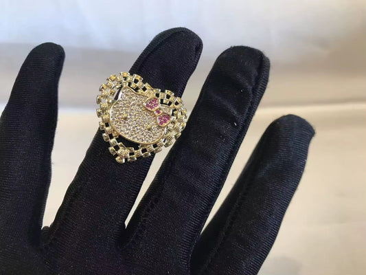 Hello Kitty Inspired Stainless Steel Statement Ring (Gold, Crystal Detail)