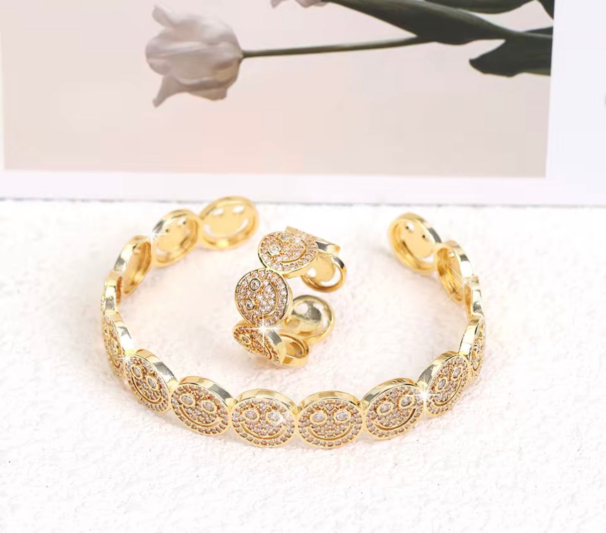 Kids Luxury Smiley Face Stainless Steel Ring & Bracelet Set
