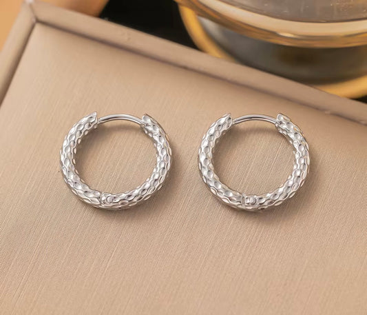 Silver Stainless Steel Textured Hoop Earrings