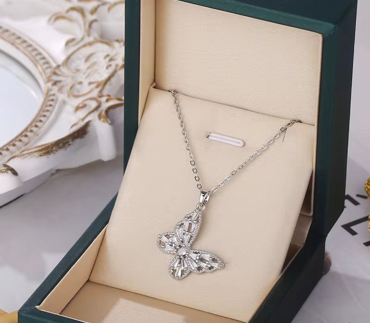 Stainless Steel Crystal Butterfly Pendant Necklace
