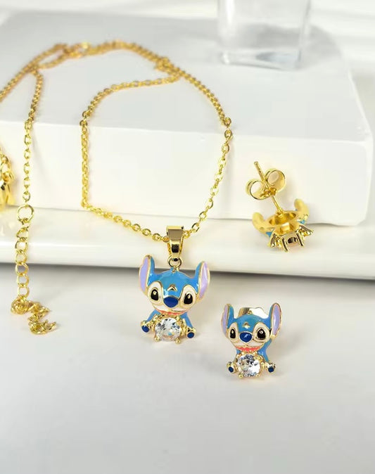 Anti-Fading Stitch Character Necklace & Stud Earring Set