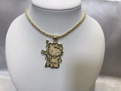 Gold Stainless Steel Kitty Pendant Rope Chain Necklace